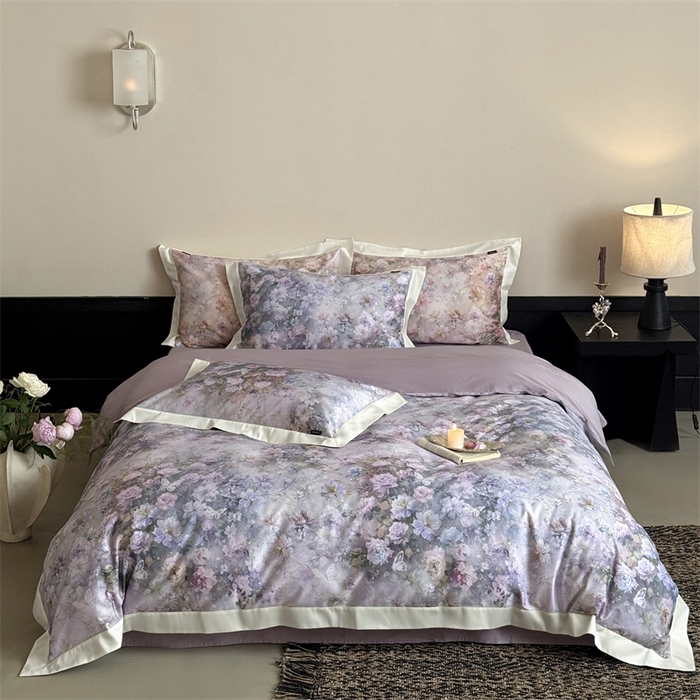 91家纺网 家纺一手货源 找家纺 鹿班家居 2025秋冬款100S长绒棉数码印花系列四件套-春水微澜（标准会员-20元） 春水微澜-紫色