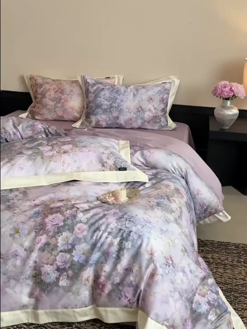 91家纺网 家纺一手货源 找家纺 鹿班家居 2025秋冬款100S长绒棉数码印花系列四件套-春水微澜（标准会员-20元） 春水微澜-紫色