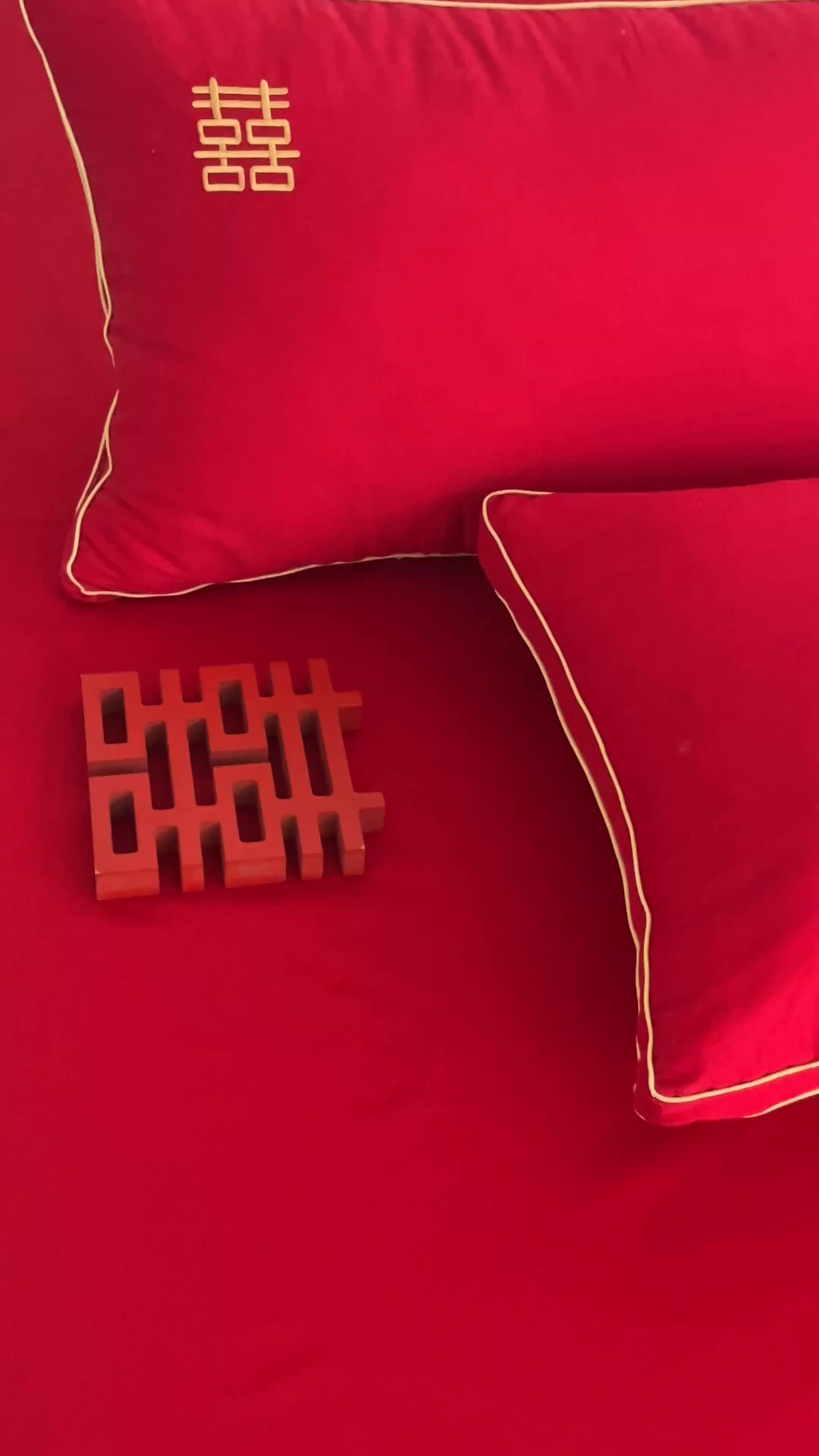 91家纺网 家纺一手货源 找家纺 欧乐蒂 2025新款婚庆刺绣立体边纤维枕 双囍枕芯～红