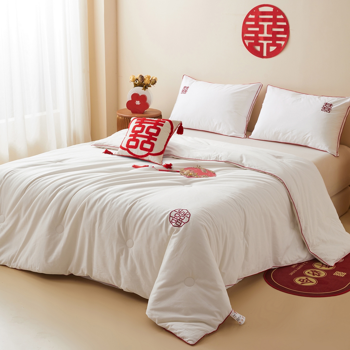 91家纺网 家纺一手货源 找家纺 欧乐蒂 2025新款婚庆刺绣纤维被 囍嫁 白