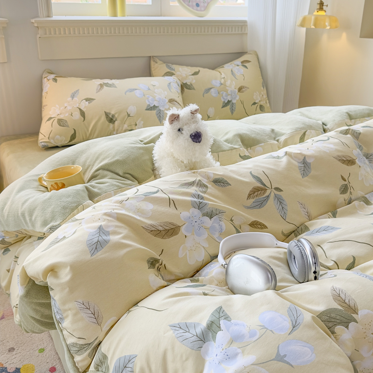 91家纺网 家纺一手货源 找家纺 KA家纺 2025新款秋冬A棉B绒纯棉牛奶绒棉加绒四件套 玉兰花