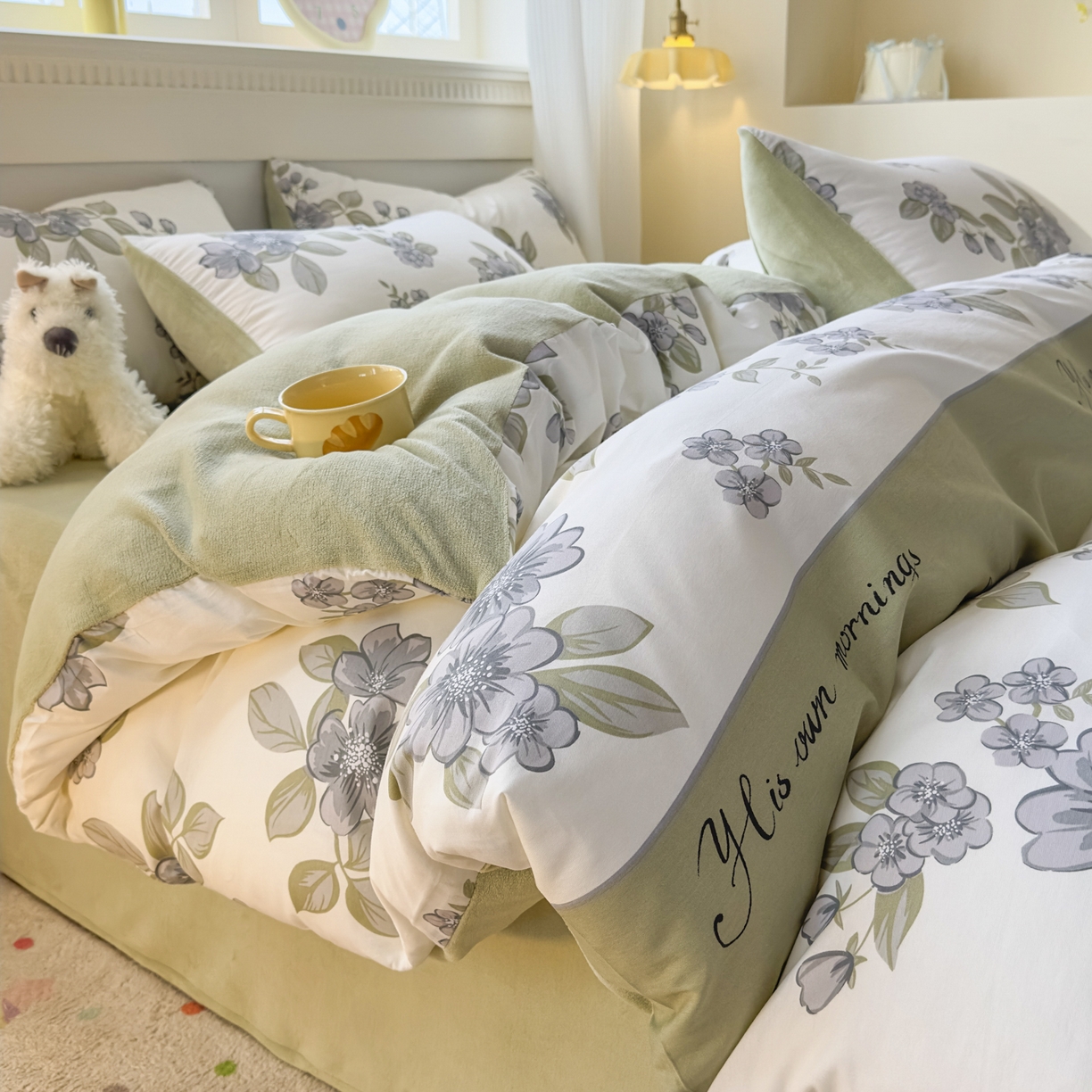 91家纺网 家纺一手货源 找家纺 KA家纺 2025新款秋冬A棉B绒纯棉牛奶绒棉加绒四件套 暗香