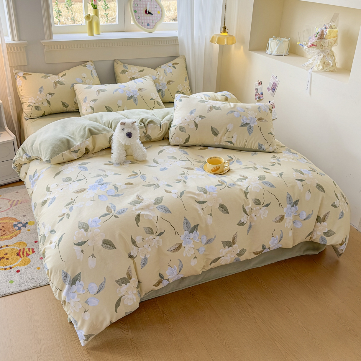 91家纺网 家纺一手货源 找家纺 KA家纺 2025新款秋冬A棉B绒纯棉牛奶绒棉加绒四件套 玉兰花