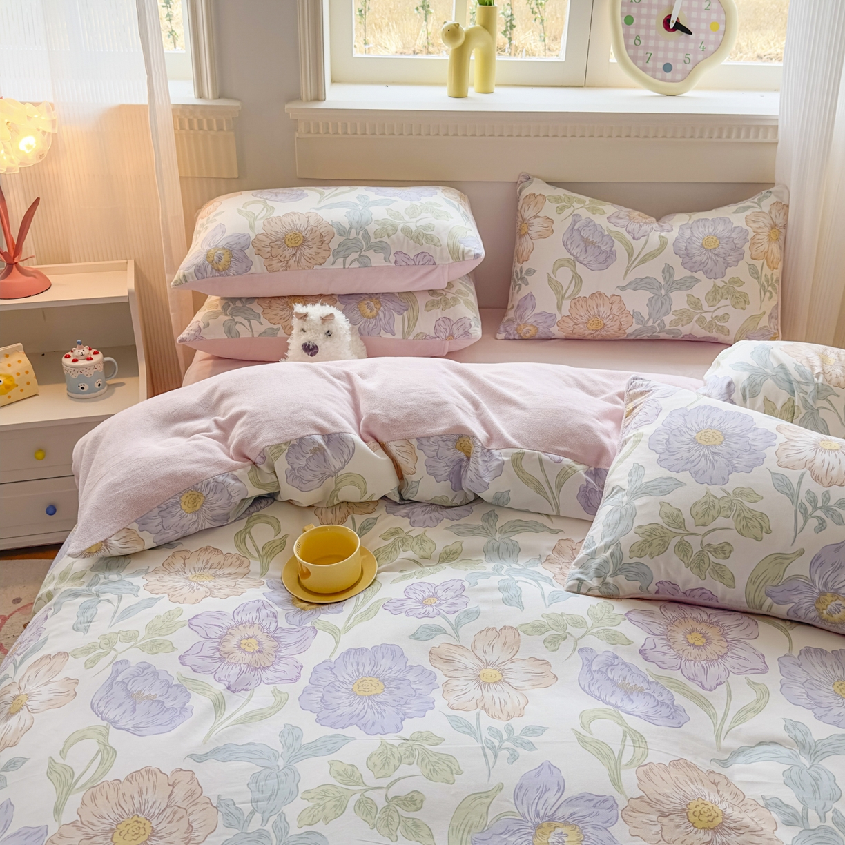 91家纺网 家纺一手货源 找家纺 KA家纺 2025新款秋冬A棉B绒纯棉牛奶绒棉加绒四件套 半亩花田