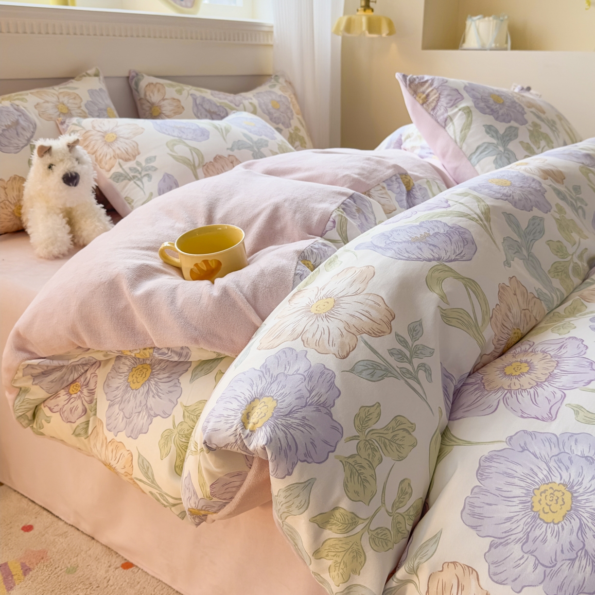 91家纺网 家纺一手货源 找家纺 KA家纺 2025新款秋冬A棉B绒纯棉牛奶绒棉加绒四件套 半亩花田