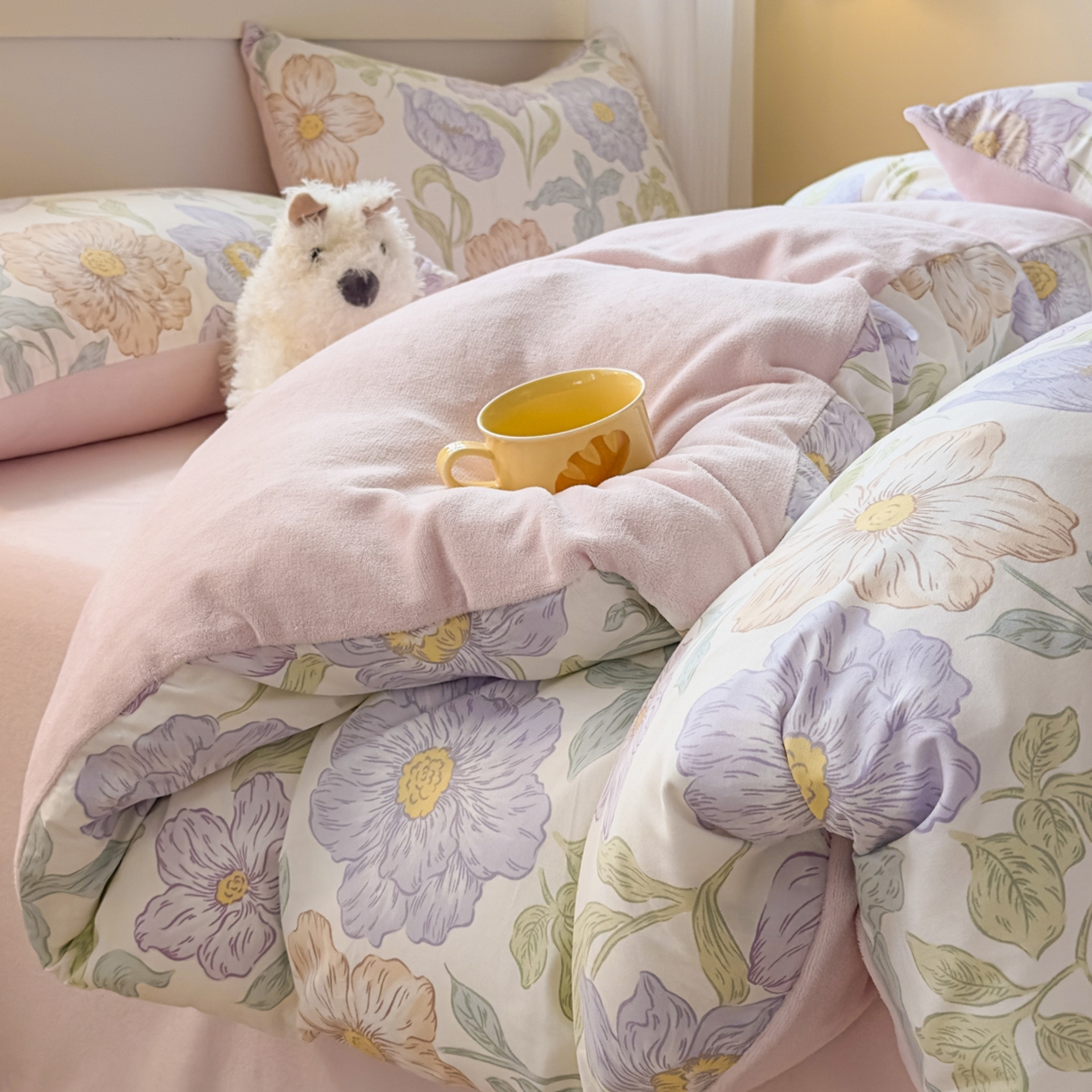 91家纺网 家纺一手货源 找家纺 KA家纺 2025新款秋冬A棉B绒纯棉牛奶绒棉加绒四件套 半亩花田