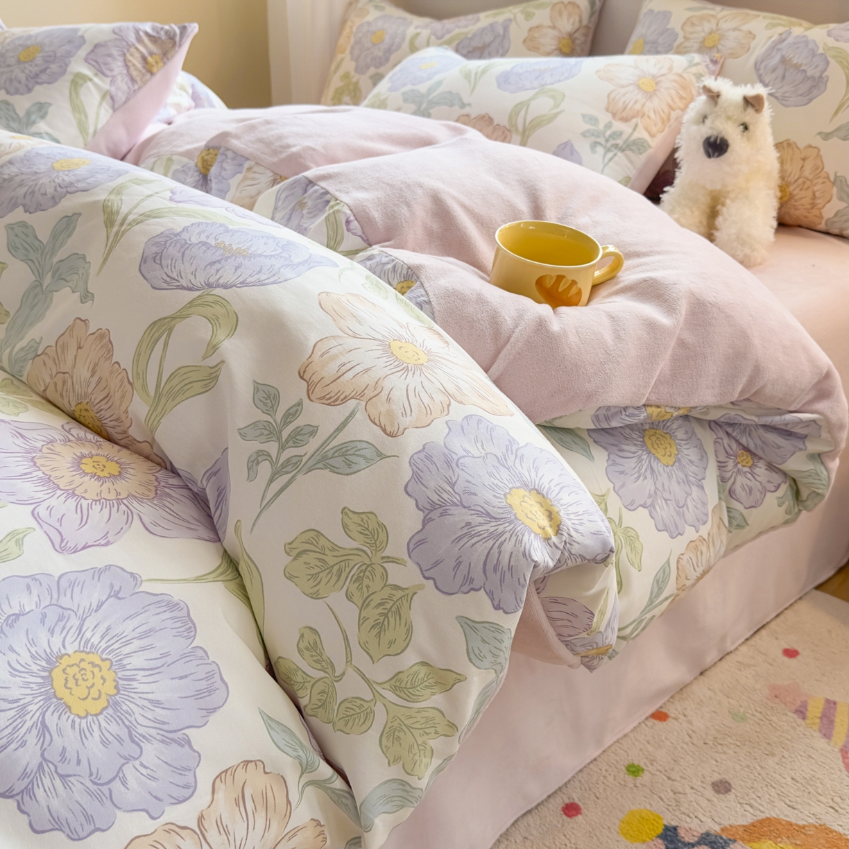 KA家纺 2025新款秋冬A棉B绒纯棉牛奶绒棉加绒四件套 半亩花田