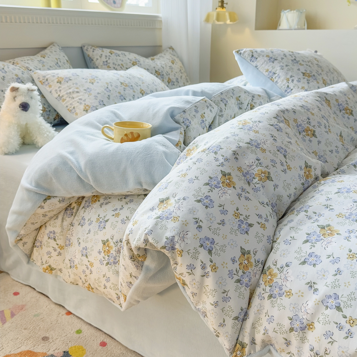 91家纺网 家纺一手货源 找家纺 KA家纺 2025新款秋冬A棉B绒纯棉牛奶绒棉加绒四件套 花语花夕