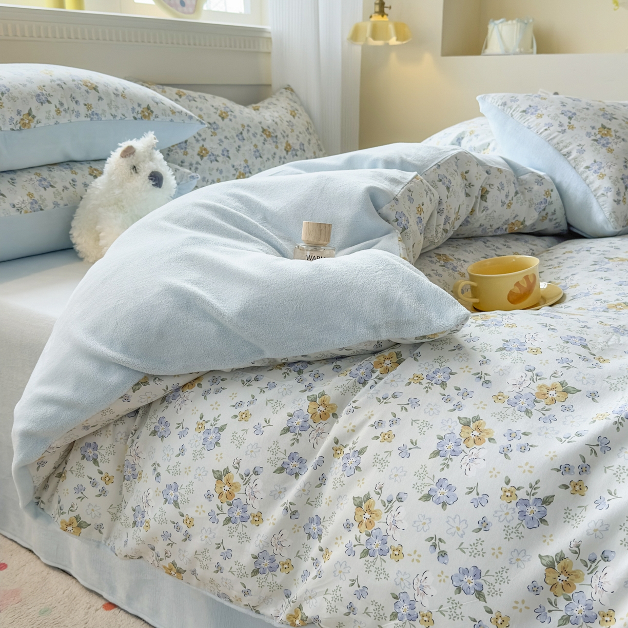 91家纺网 家纺一手货源 找家纺 KA家纺 2025新款秋冬A棉B绒纯棉牛奶绒棉加绒四件套 花语花夕