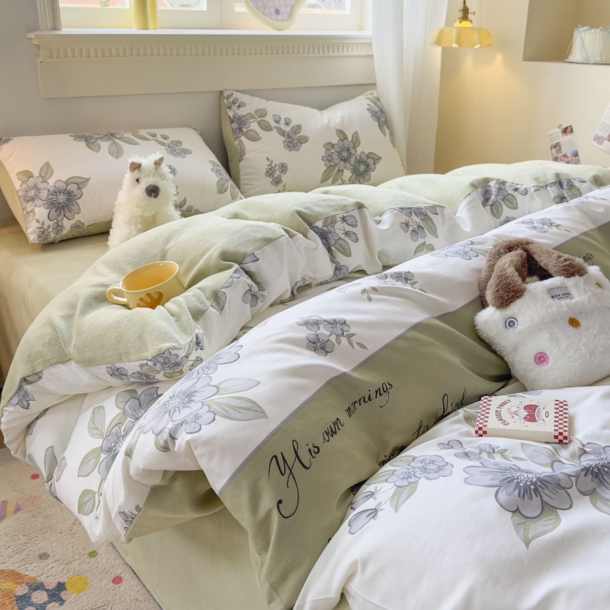 91家纺网 家纺一手货源 找家纺 KA家纺 2025新款秋冬A棉B绒纯棉牛奶绒棉加绒四件套 暗香