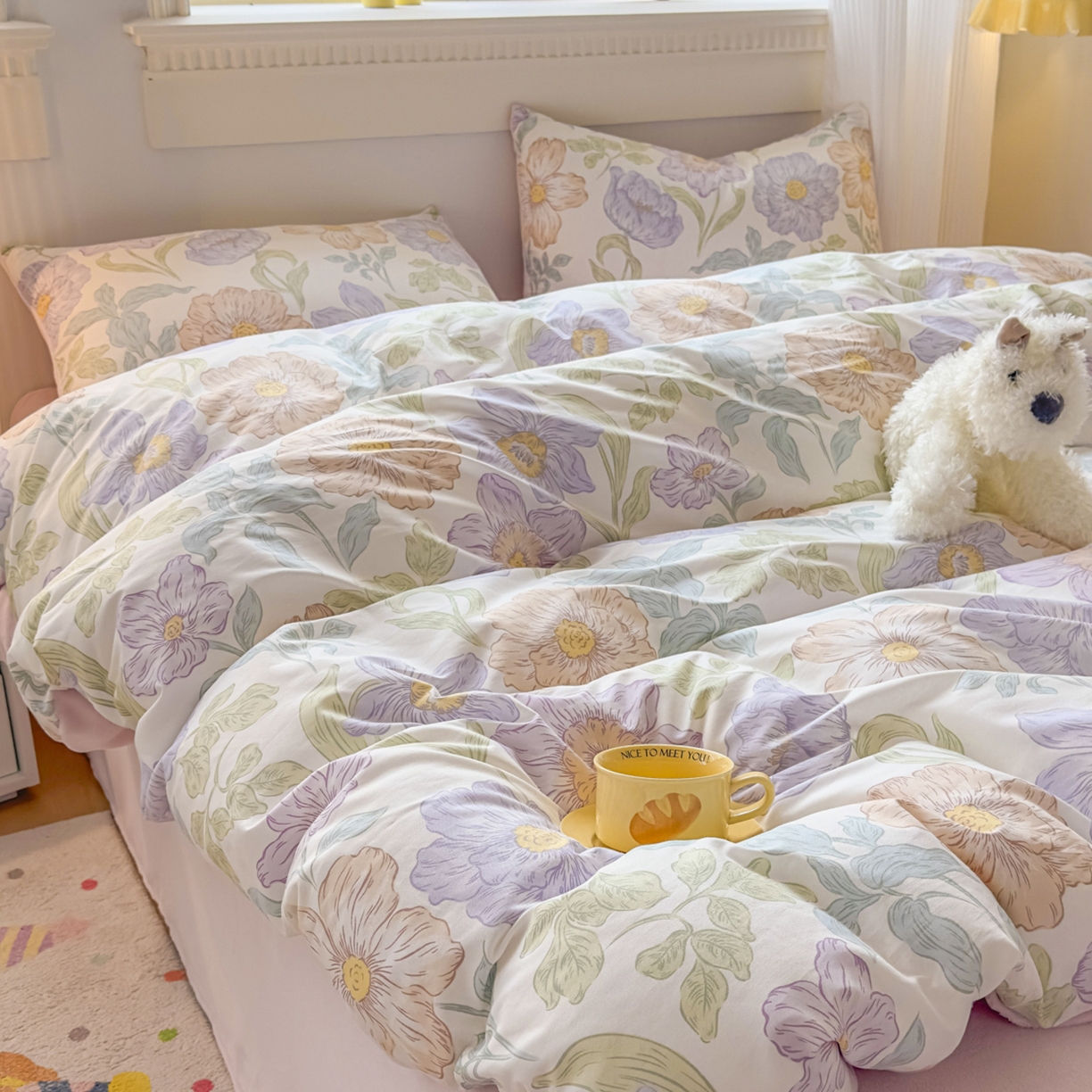 91家纺网 家纺一手货源 找家纺 KA家纺 2025新款秋冬A棉B绒纯棉牛奶绒棉加绒四件套 半亩花田