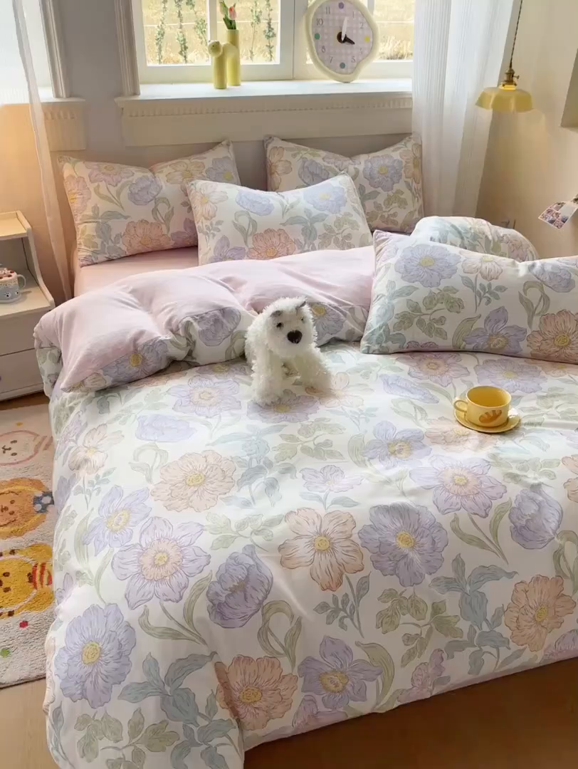 91家纺网 家纺一手货源 找家纺 KA家纺 2025新款秋冬A棉B绒纯棉牛奶绒棉加绒四件套 半亩花田