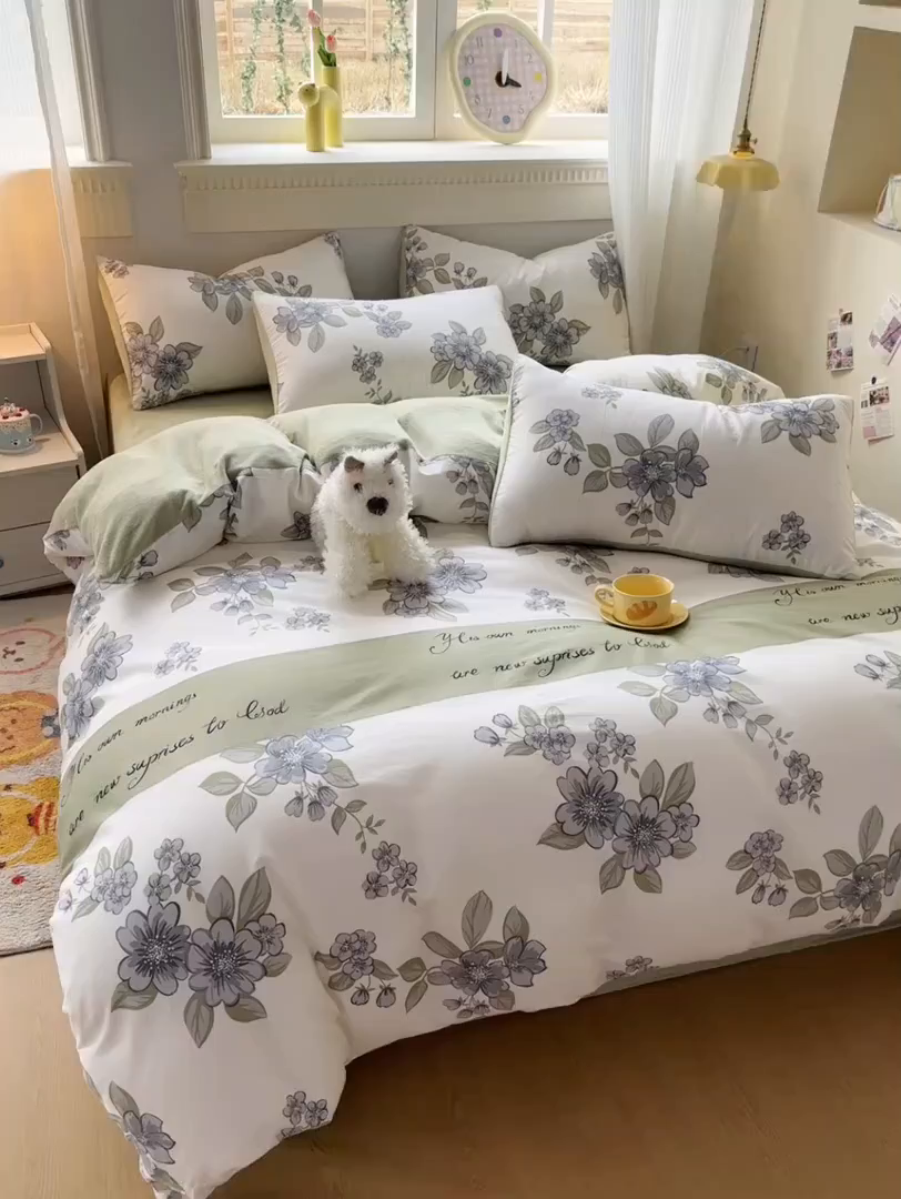 91家纺网 家纺一手货源 找家纺 KA家纺 2025新款秋冬A棉B绒纯棉牛奶绒棉加绒四件套 暗香