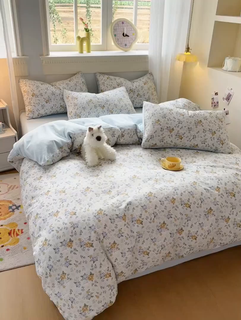 91家纺网 家纺一手货源 找家纺 KA家纺 2025新款秋冬A棉B绒纯棉牛奶绒棉加绒四件套 花语花夕