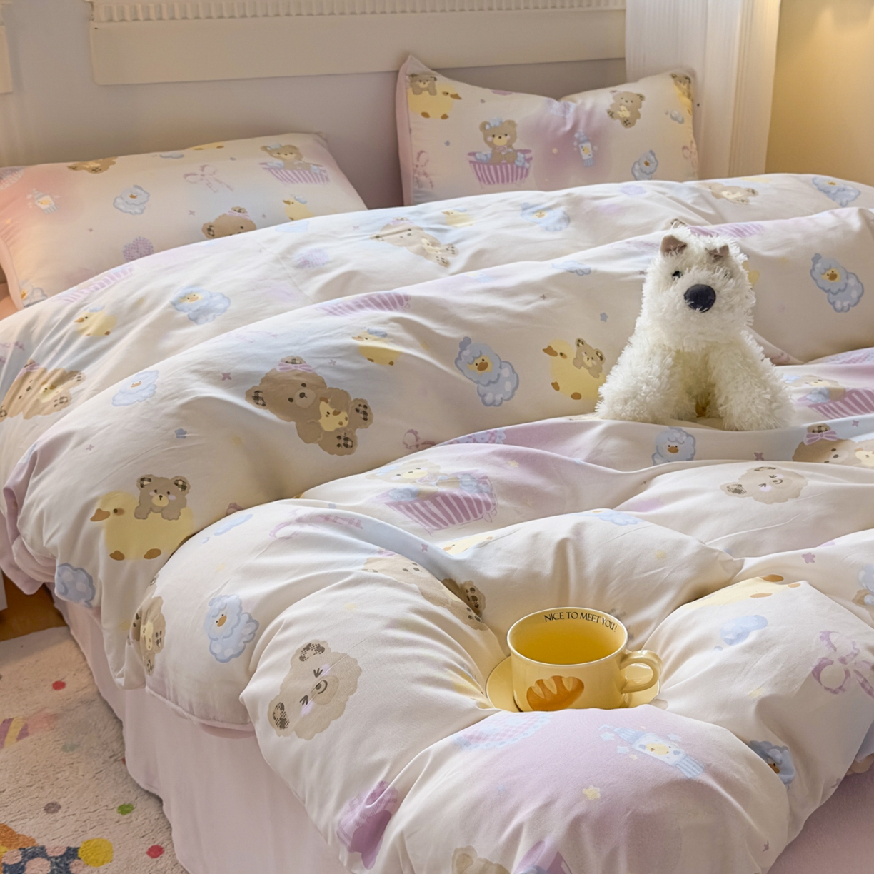 91家纺网 家纺一手货源 找家纺 KA家纺 2025新款秋冬A棉B绒纯棉牛奶绒棉加绒四件套 萌萌泡泡