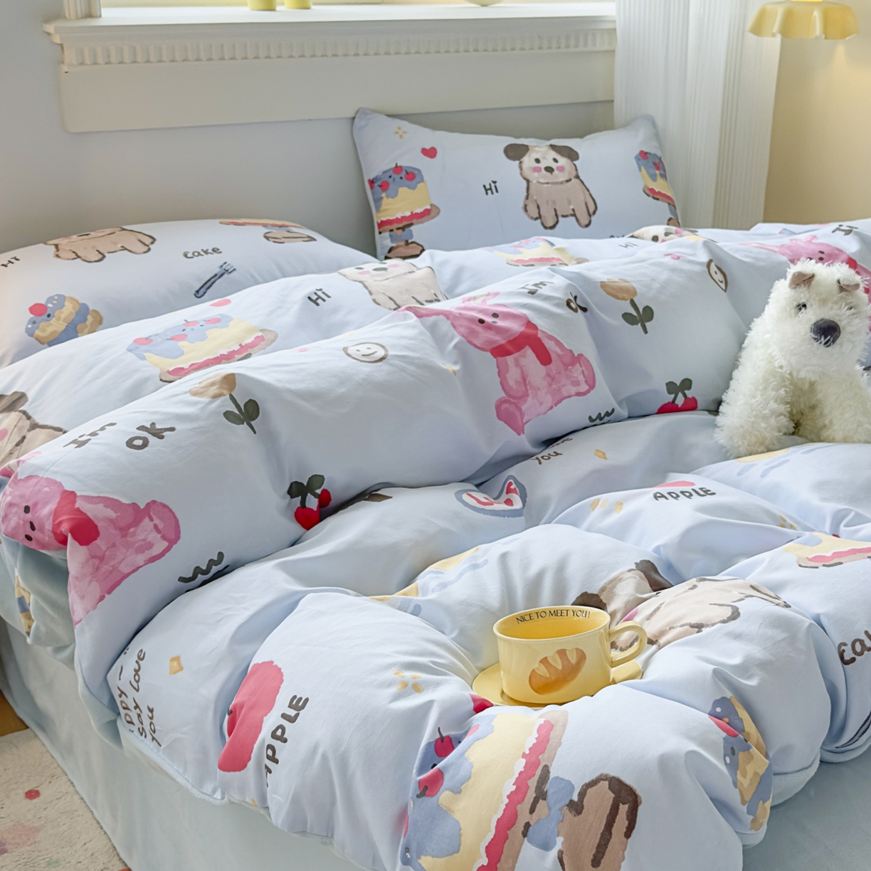 91家纺网 家纺一手货源 找家纺 KA家纺 2025新款秋冬A棉B绒纯棉牛奶绒棉加绒四件套 动物蛋糕