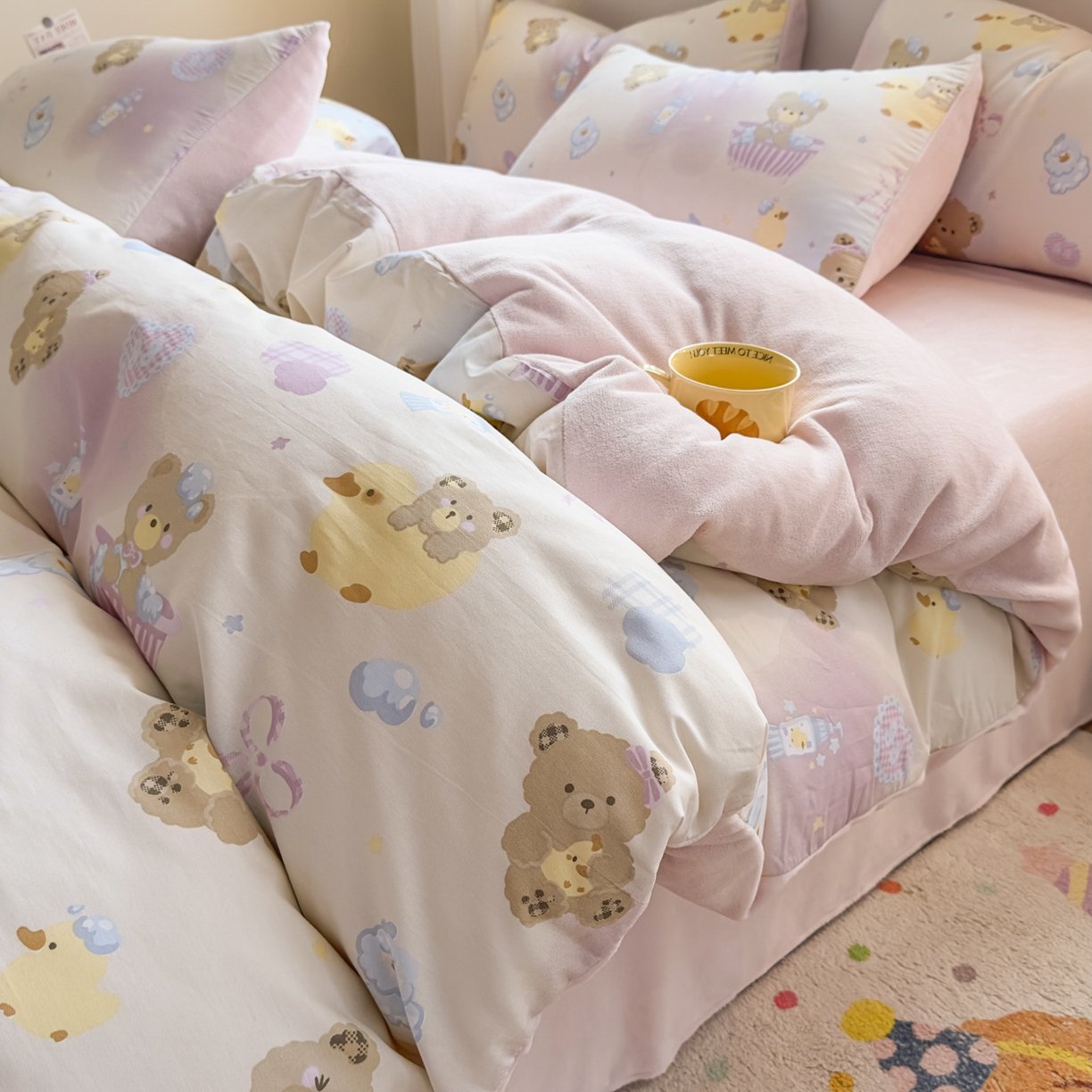 KA家纺 2025新款秋冬A棉B绒纯棉牛奶绒棉加绒四件套 萌萌泡泡