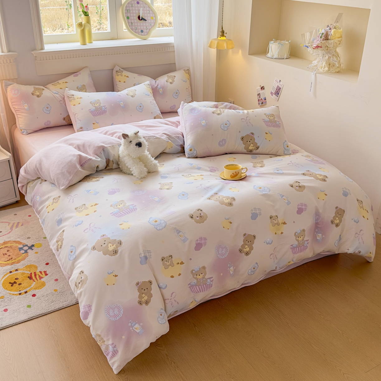 91家纺网 家纺一手货源 找家纺 KA家纺 2025新款秋冬A棉B绒纯棉牛奶绒棉加绒四件套 萌萌泡泡