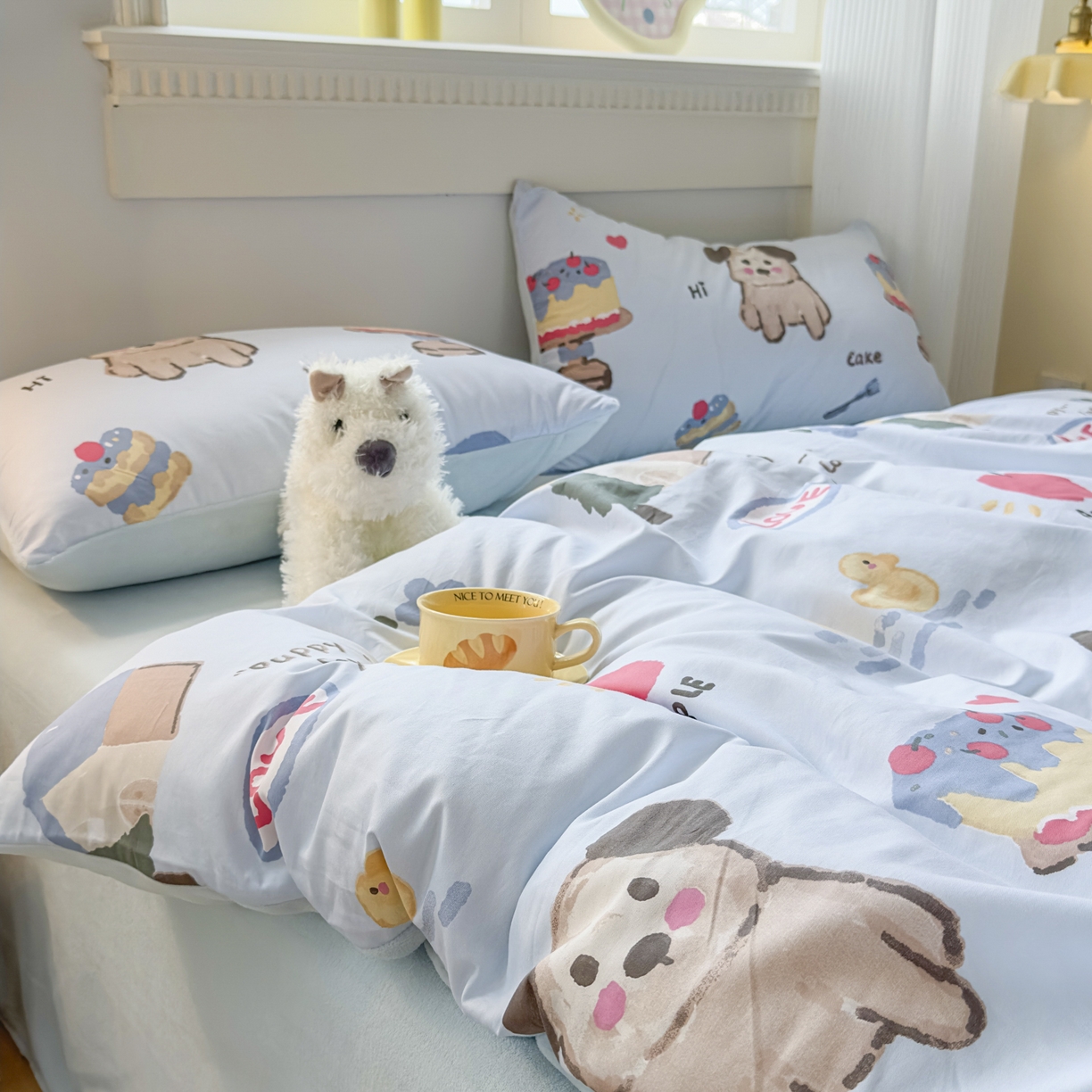 91家纺网 家纺一手货源 找家纺 KA家纺 2025新款秋冬A棉B绒纯棉牛奶绒棉加绒四件套 动物蛋糕