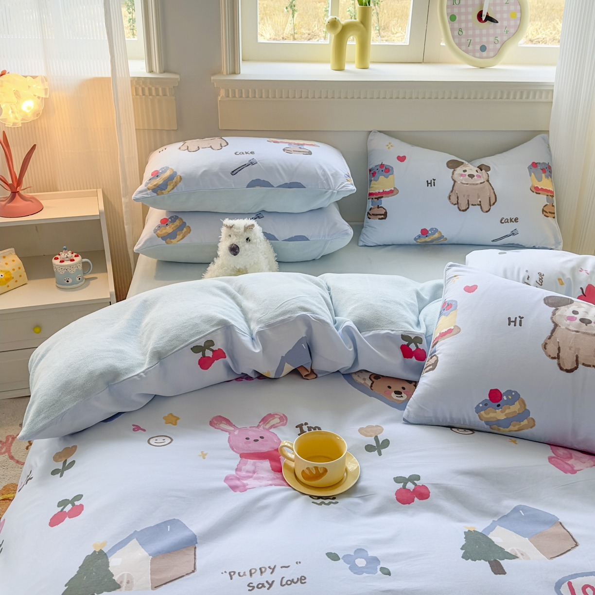 91家纺网 家纺一手货源 找家纺 KA家纺 2025新款秋冬A棉B绒纯棉牛奶绒棉加绒四件套 动物蛋糕