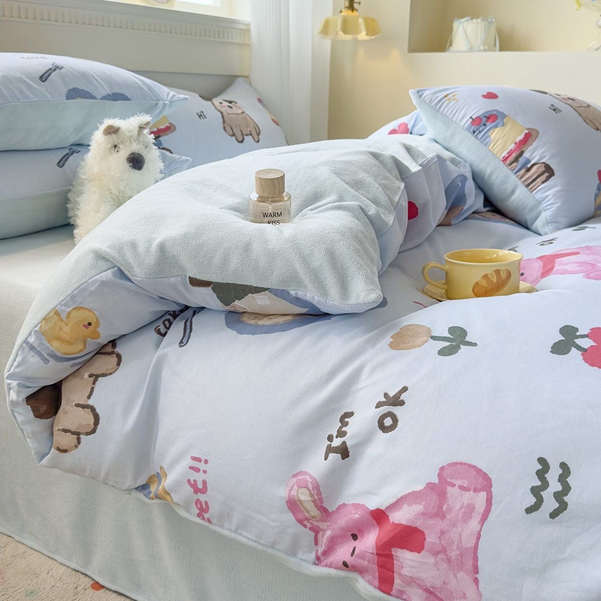 91家纺网 家纺一手货源 找家纺 KA家纺 2025新款秋冬A棉B绒纯棉牛奶绒棉加绒四件套 动物蛋糕