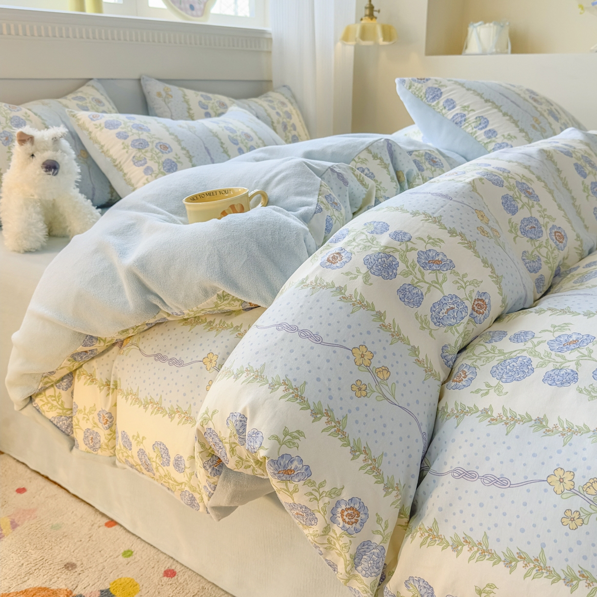 91家纺网 家纺一手货源 找家纺 KA家纺 2025新款秋冬A棉B绒纯棉牛奶绒棉加绒四件套 花涧