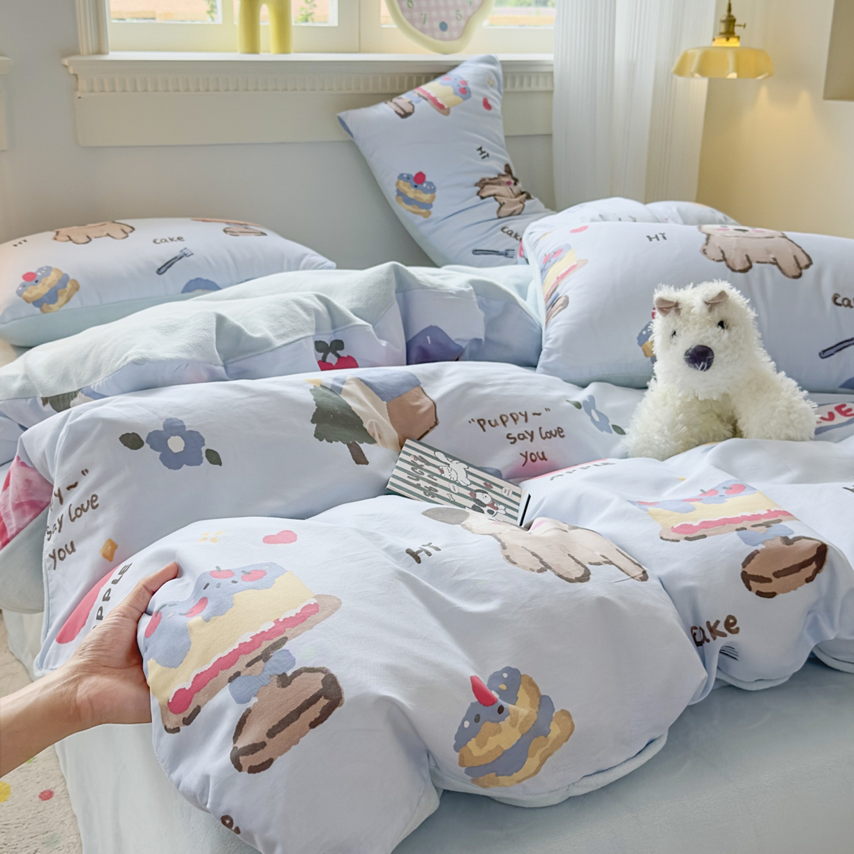 91家纺网 家纺一手货源 找家纺 KA家纺 2025新款秋冬A棉B绒纯棉牛奶绒棉加绒四件套 动物蛋糕