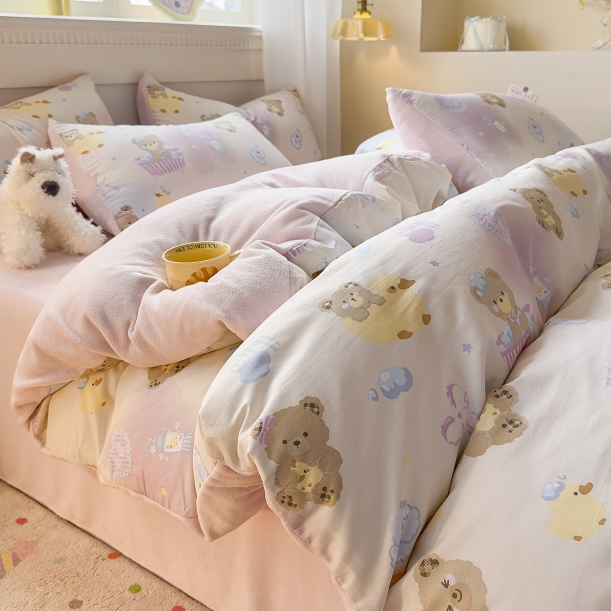 91家纺网 家纺一手货源 找家纺 KA家纺 2025新款秋冬A棉B绒纯棉牛奶绒棉加绒四件套 萌萌泡泡