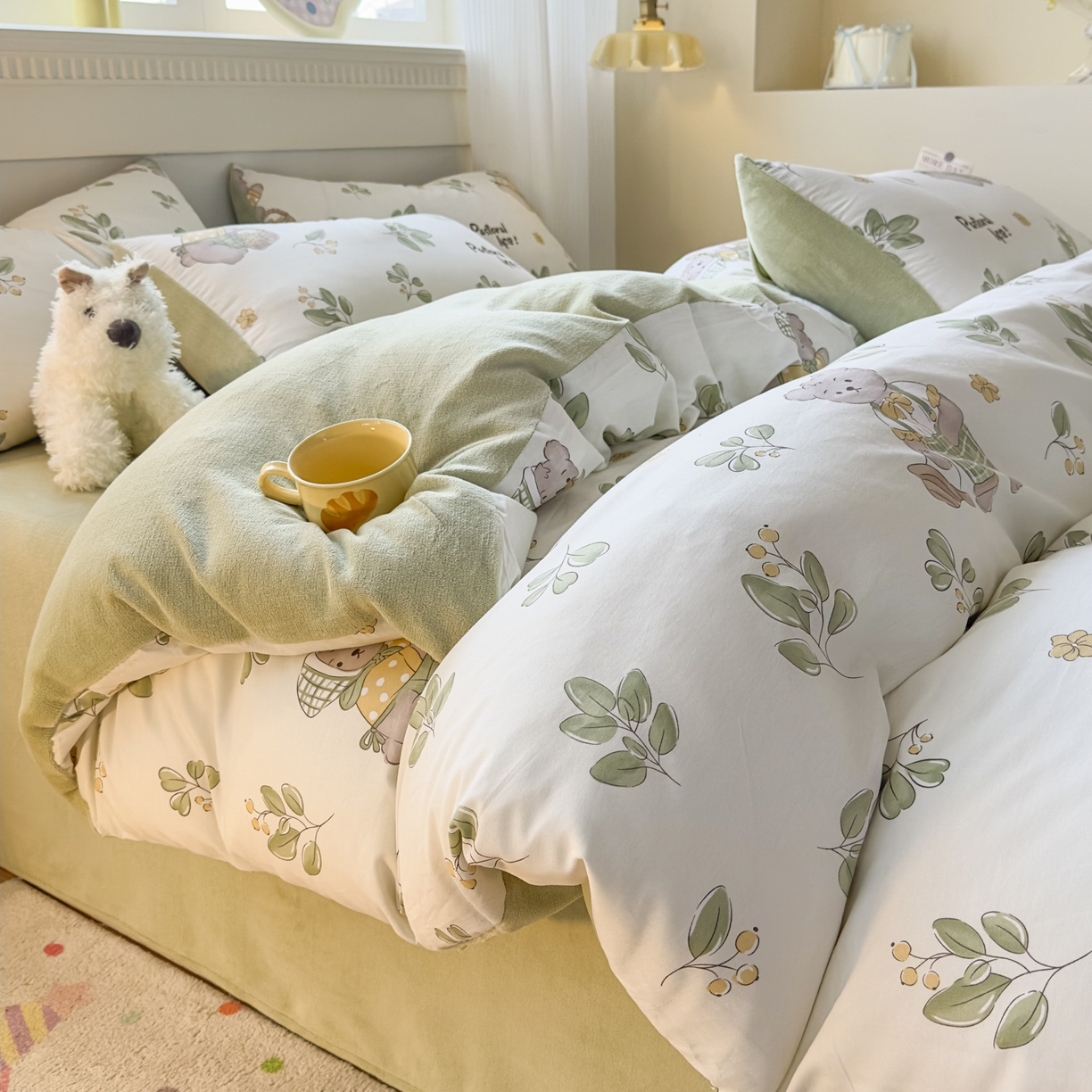 91家纺网 家纺一手货源 找家纺 KA家纺 2025新款秋冬A棉B绒纯棉牛奶绒棉加绒四件套 米粒熊