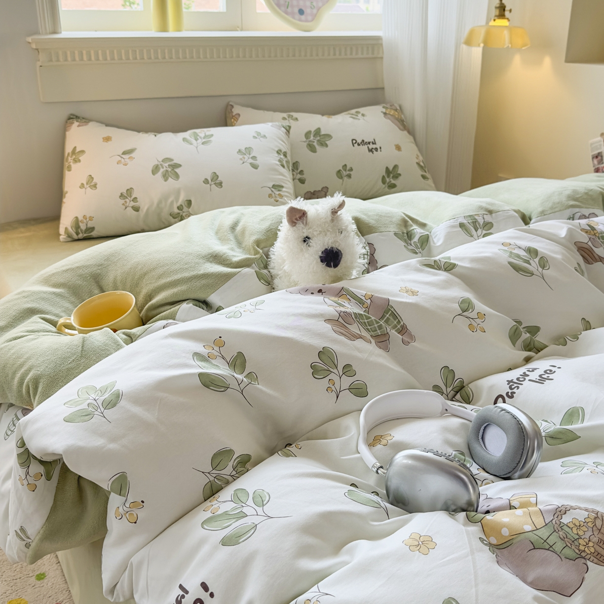 91家纺网 家纺一手货源 找家纺 KA家纺 2025新款秋冬A棉B绒纯棉牛奶绒棉加绒四件套 米粒熊