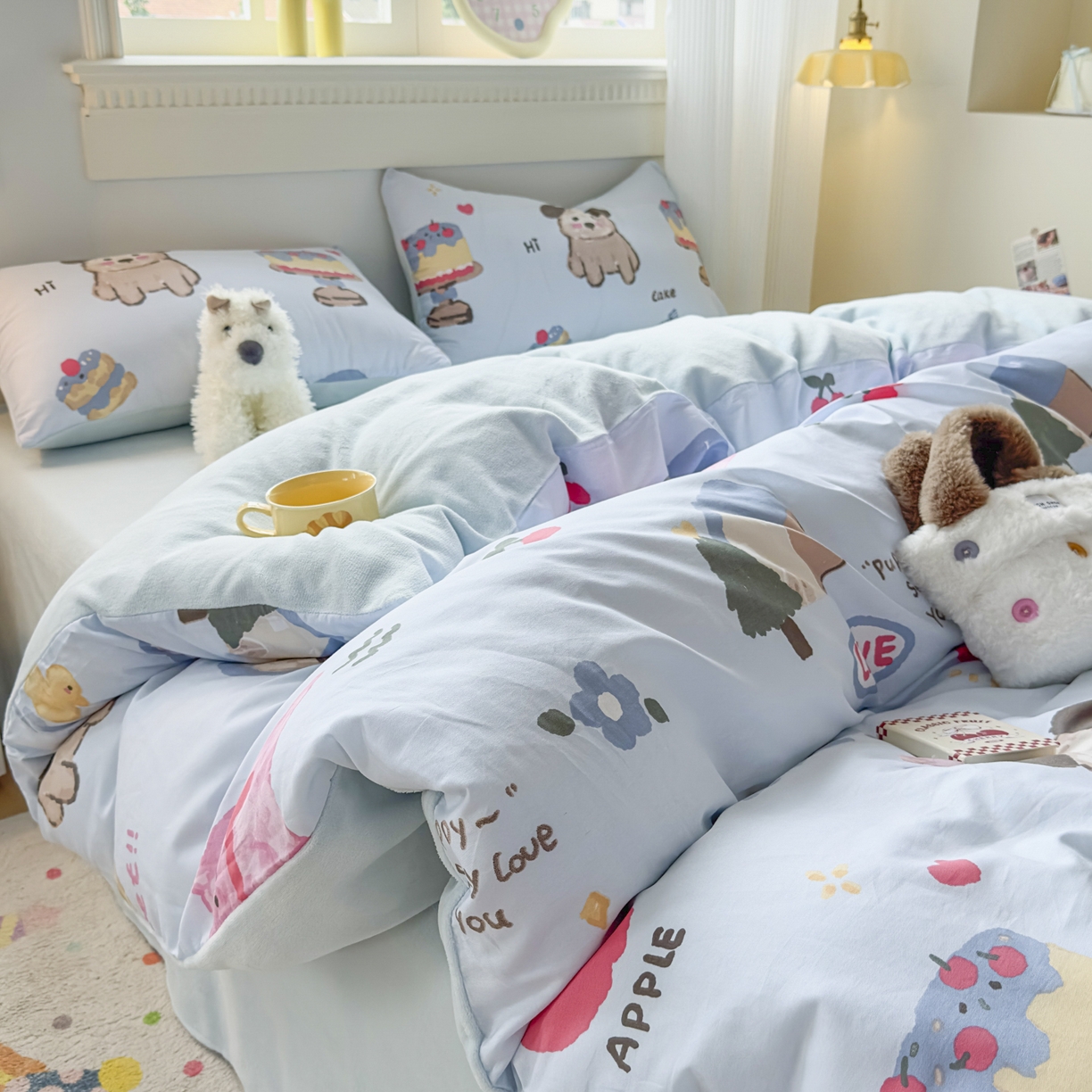 91家纺网 家纺一手货源 找家纺 KA家纺 2025新款秋冬A棉B绒纯棉牛奶绒棉加绒四件套 动物蛋糕