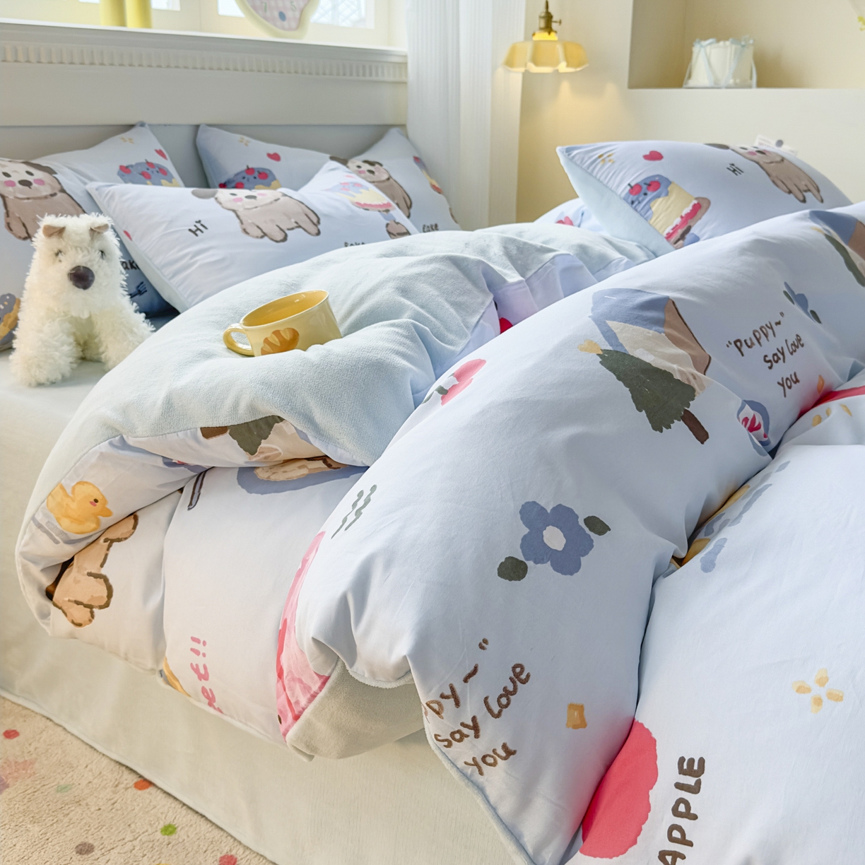 91家纺网 家纺一手货源 找家纺 KA家纺 2025新款秋冬A棉B绒纯棉牛奶绒棉加绒四件套 动物蛋糕