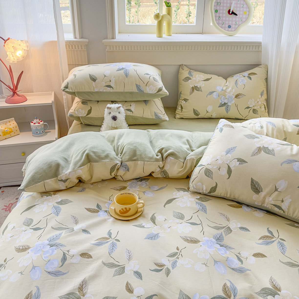 91家纺网 家纺一手货源 找家纺 KA家纺 2025新款秋冬A棉B绒纯棉牛奶绒棉加绒四件套 玉兰花