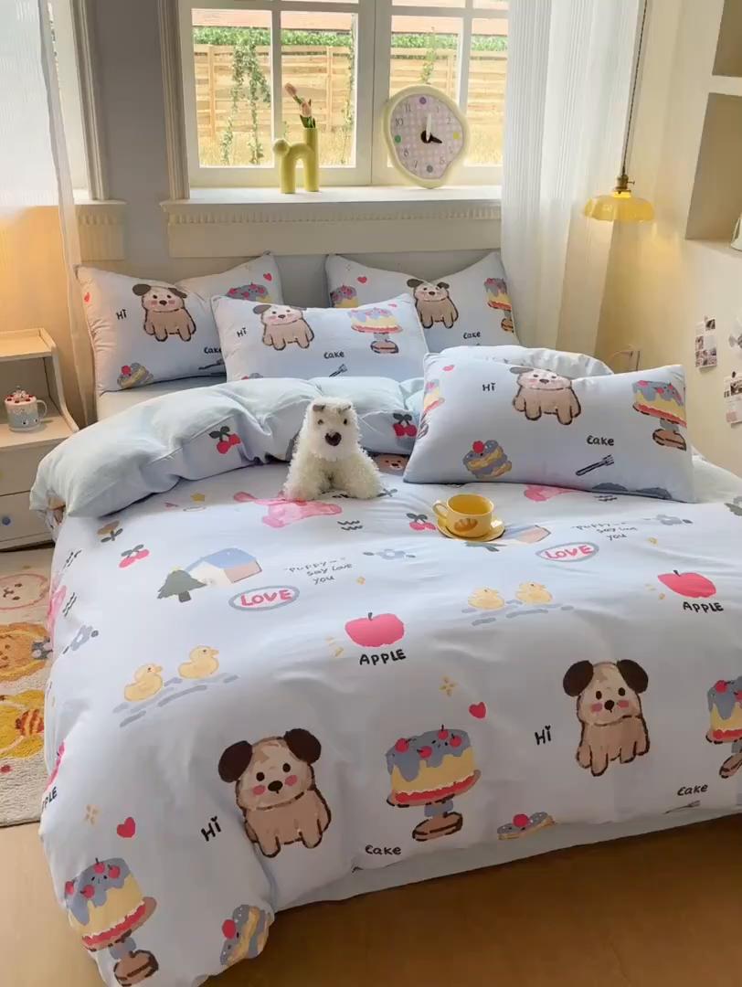 91家纺网 家纺一手货源 找家纺 KA家纺 2025新款秋冬A棉B绒纯棉牛奶绒棉加绒四件套 动物蛋糕