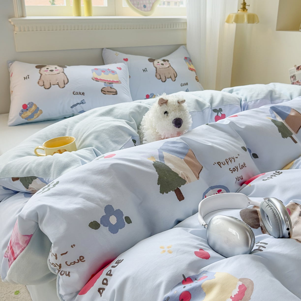 91家纺网 家纺一手货源 找家纺 KA家纺 2025新款秋冬A棉B绒纯棉牛奶绒棉加绒四件套 动物蛋糕