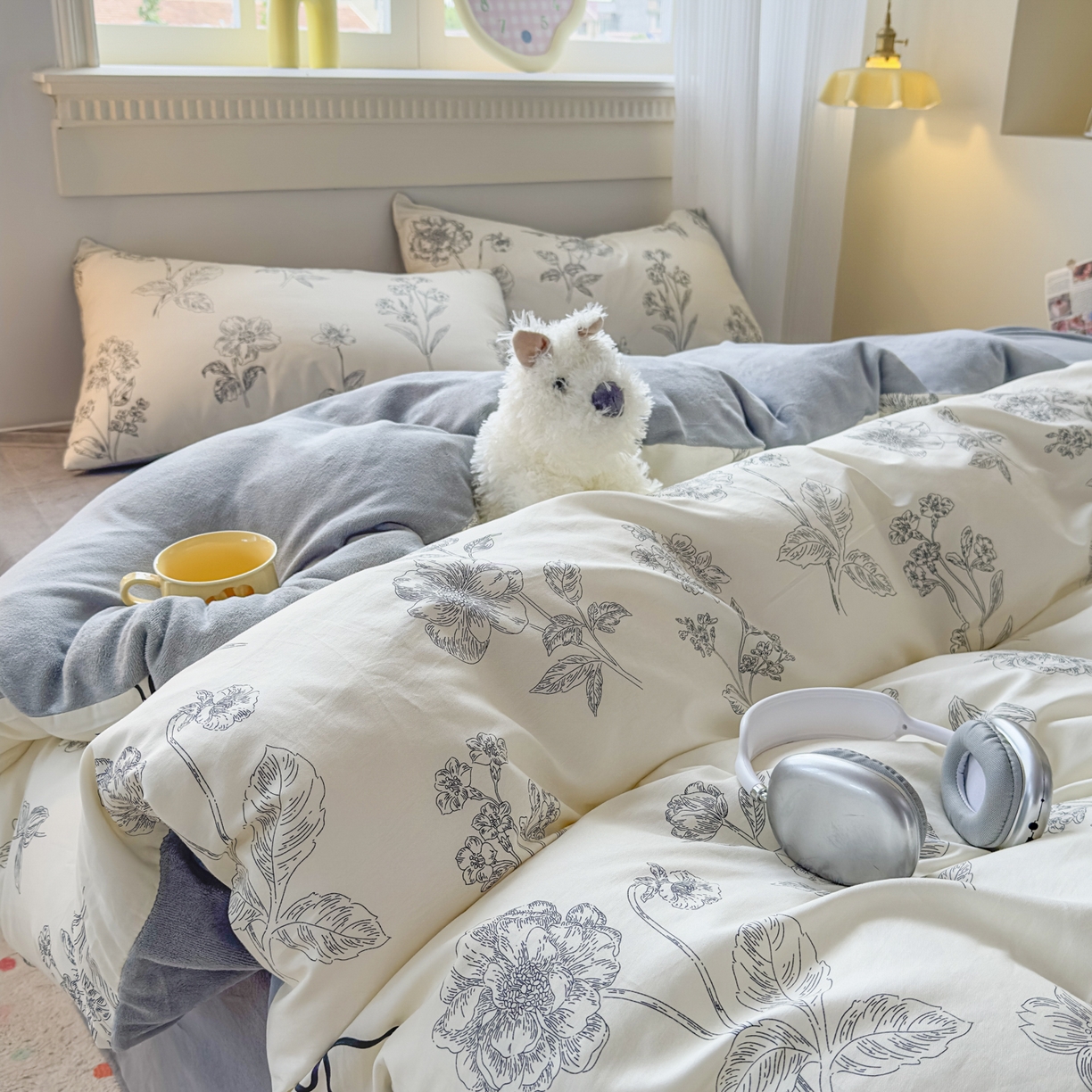 91家纺网 家纺一手货源 找家纺 KA家纺 2025新款秋冬A棉B绒纯棉牛奶绒棉加绒四件套 空野苍蓝