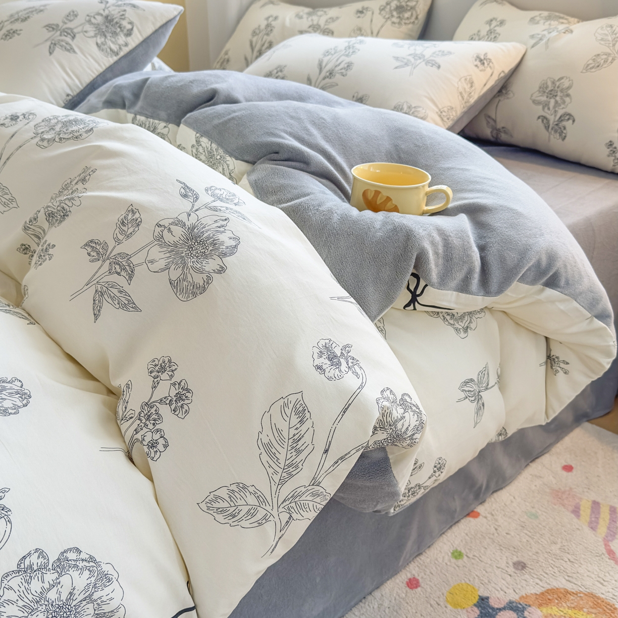 KA家纺 2025新款秋冬A棉B绒纯棉牛奶绒棉加绒四件套 空野苍蓝