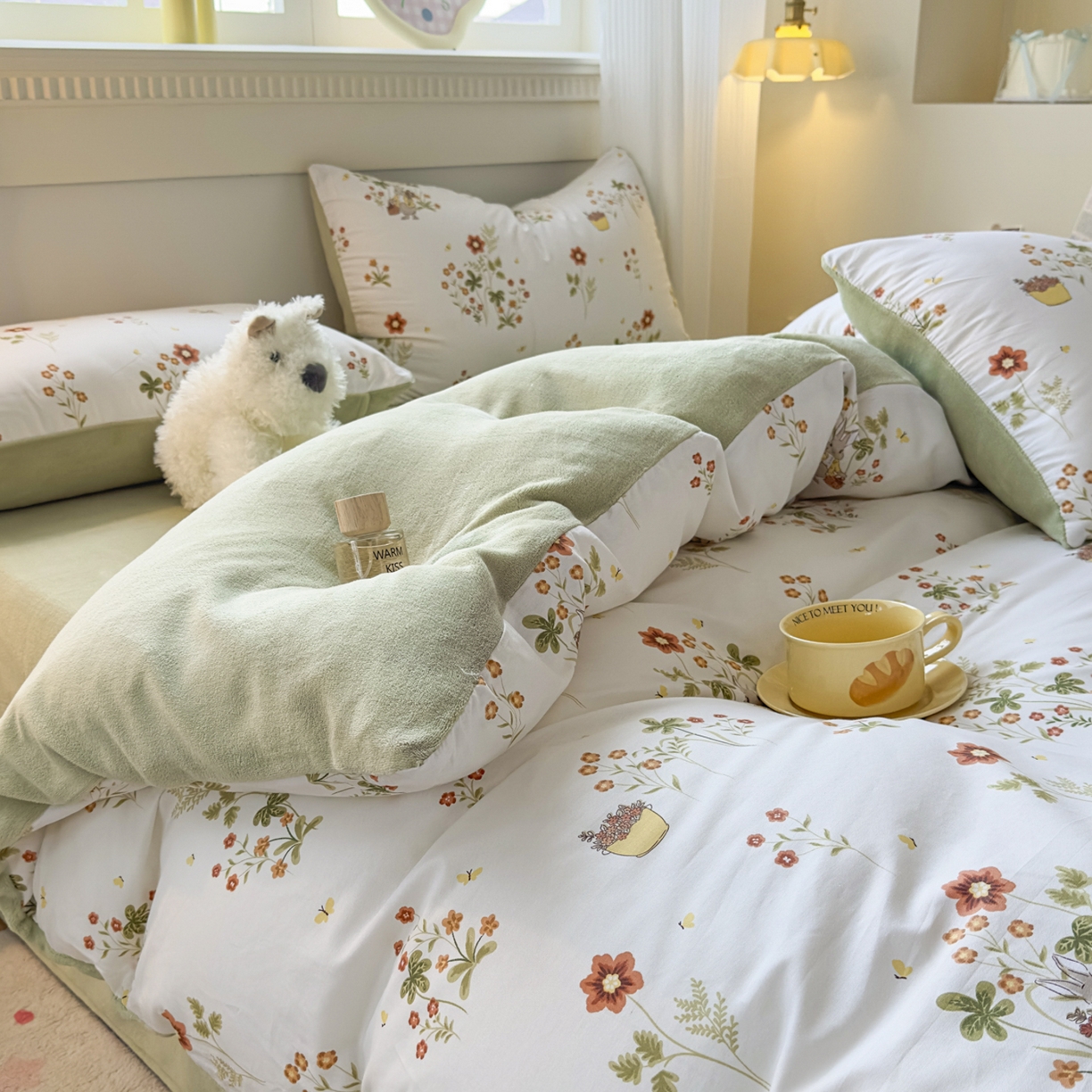 91家纺网 家纺一手货源 找家纺 KA家纺 2025新款秋冬A棉B绒纯棉牛奶绒棉加绒四件套 花间小趣