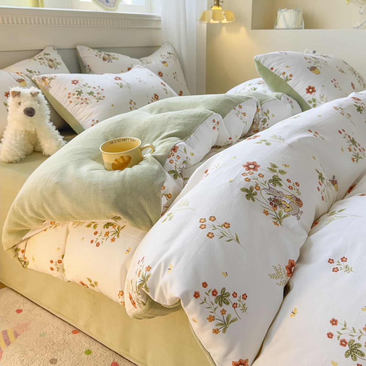 91家纺网 家纺一手货源 找家纺 KA家纺 2025新款秋冬A棉B绒纯棉牛奶绒棉加绒四件套 花间小趣