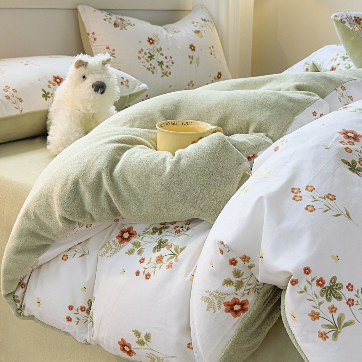 91家纺网 家纺一手货源 找家纺 KA家纺 2025新款秋冬A棉B绒纯棉牛奶绒棉加绒四件套 花间小趣