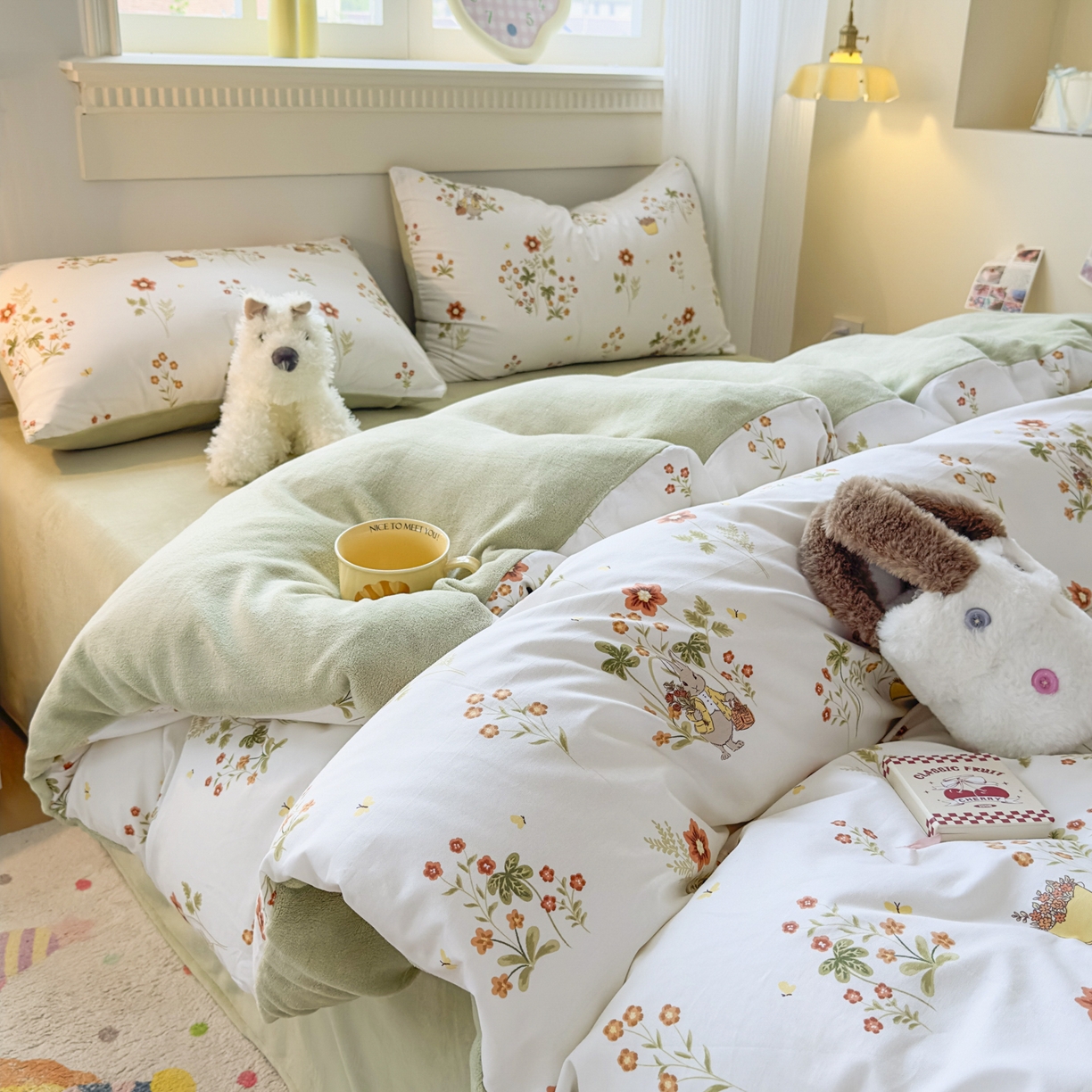 91家纺网 家纺一手货源 找家纺 KA家纺 2025新款秋冬A棉B绒纯棉牛奶绒棉加绒四件套 花间小趣