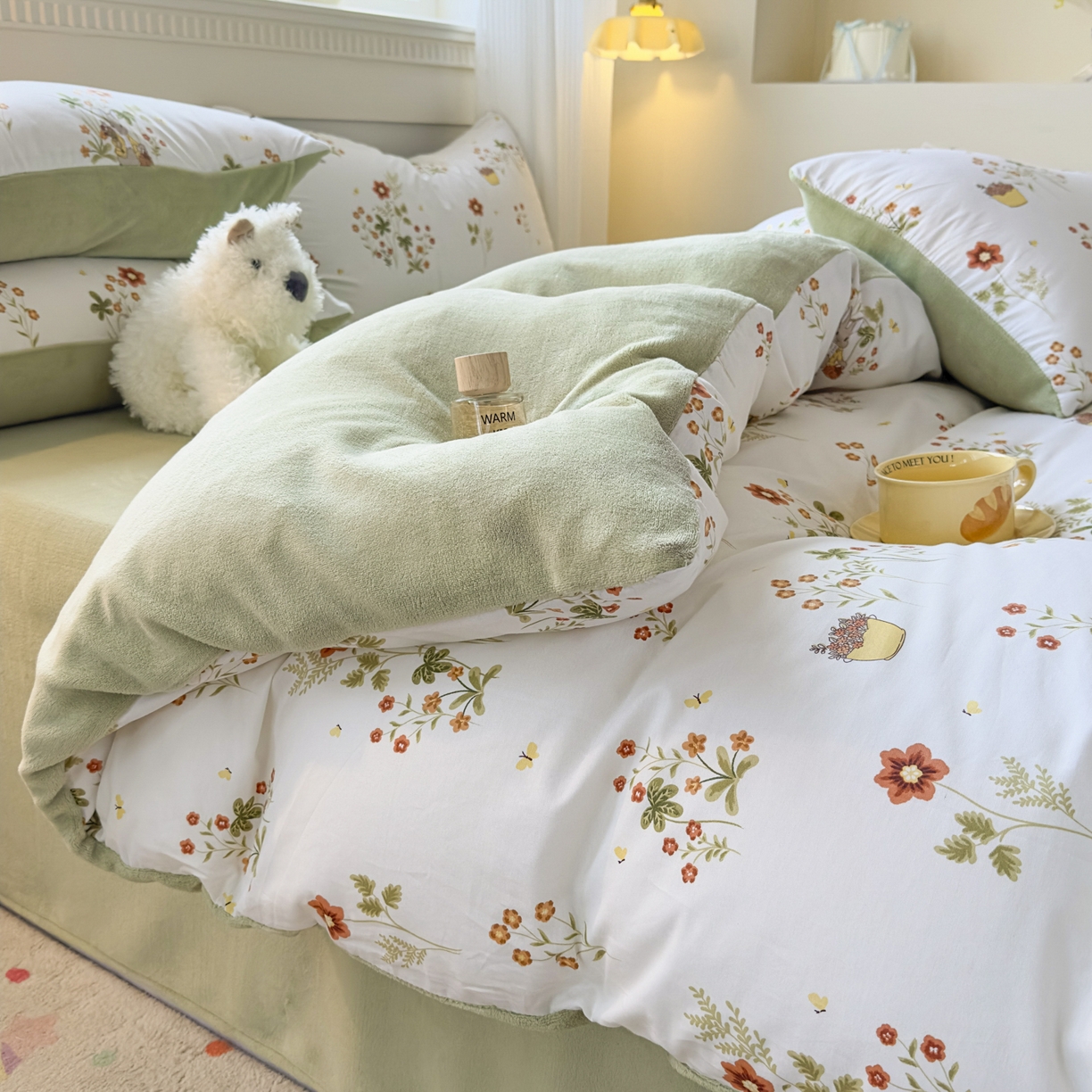 91家纺网 家纺一手货源 找家纺 KA家纺 2025新款秋冬A棉B绒纯棉牛奶绒棉加绒四件套 花间小趣