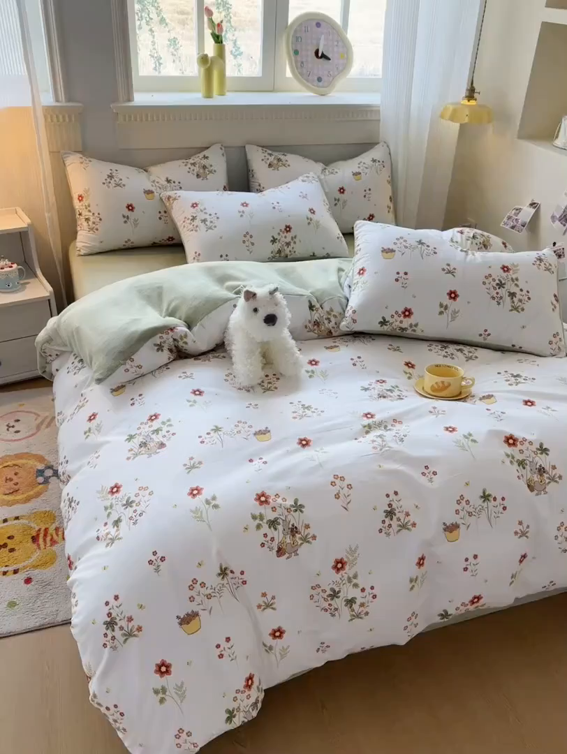 91家纺网 家纺一手货源 找家纺 KA家纺 2025新款秋冬A棉B绒纯棉牛奶绒棉加绒四件套 花间小趣