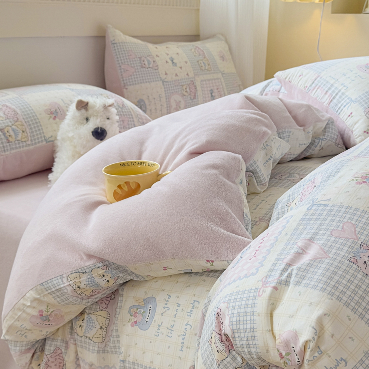 91家纺网 家纺一手货源 找家纺 KA家纺 2025新款秋冬A棉B绒纯棉牛奶绒棉加绒四件套 哈基米