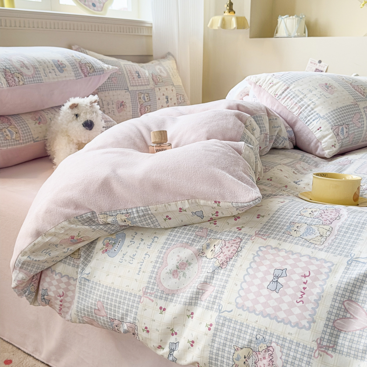 91家纺网 家纺一手货源 找家纺 KA家纺 2025新款秋冬A棉B绒纯棉牛奶绒棉加绒四件套 哈基米