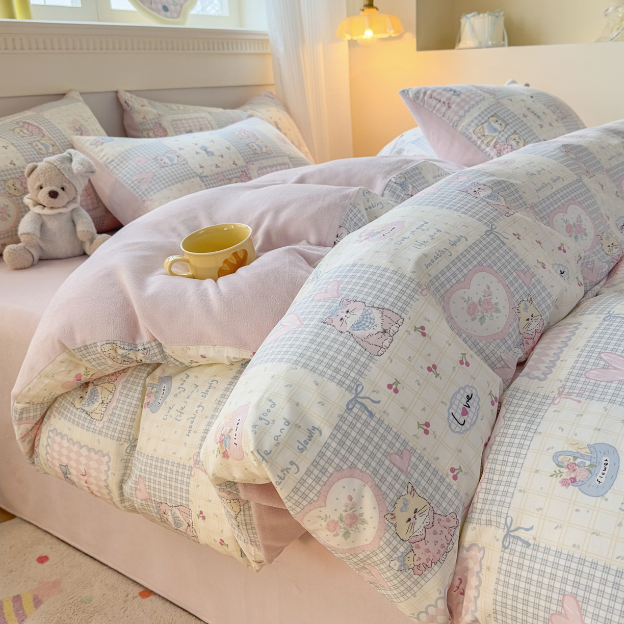 91家纺网 家纺一手货源 找家纺 KA家纺 2025新款秋冬A棉B绒纯棉牛奶绒棉加绒四件套 哈基米