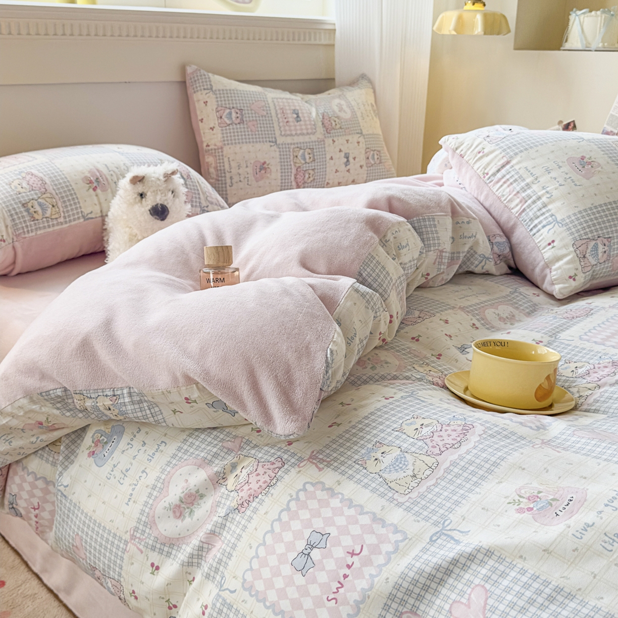 91家纺网 家纺一手货源 找家纺 KA家纺 2025新款秋冬A棉B绒纯棉牛奶绒棉加绒四件套 哈基米