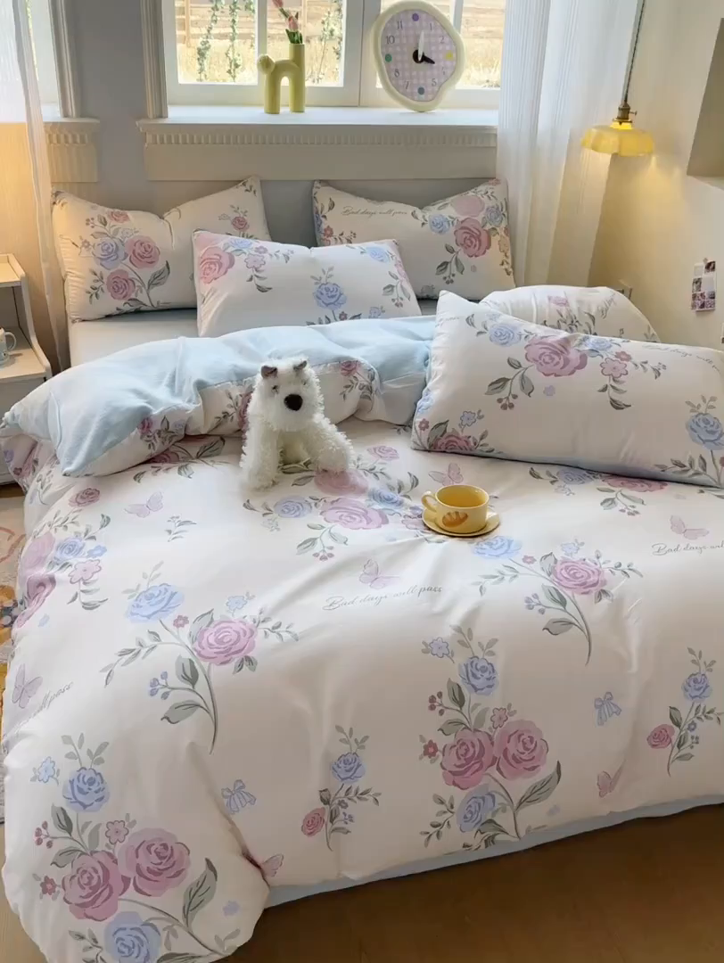 91家纺网 家纺一手货源 找家纺 KA家纺 2025新款秋冬A棉B绒纯棉牛奶绒棉加绒四件套 月落微尘