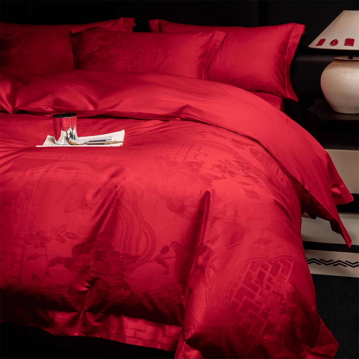 91家纺网 家纺一手货源 找家纺 欧乐蒂 2025新款高支高密婚庆提花四件套 锦绣花语