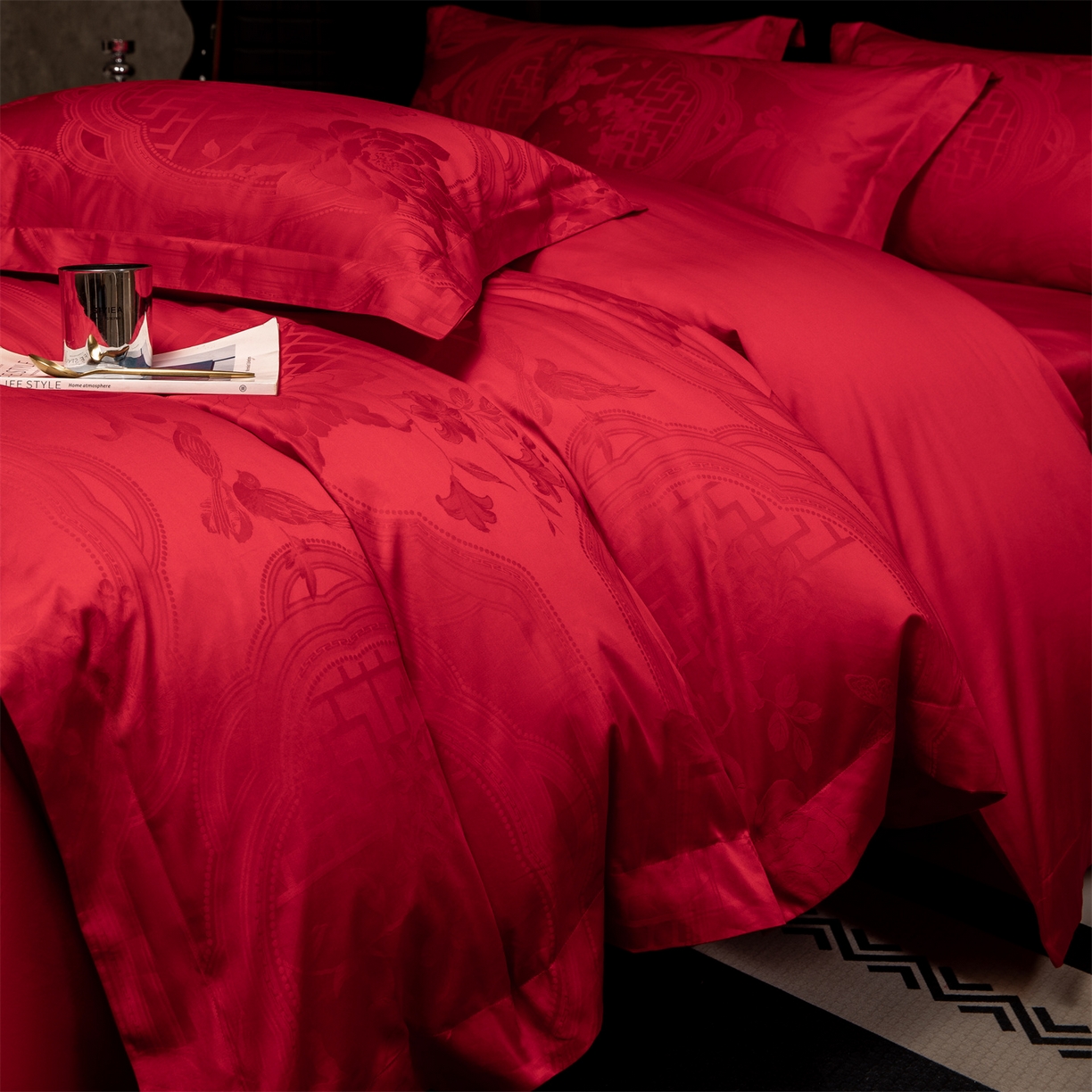 91家纺网 家纺一手货源 找家纺 欧乐蒂 2025新款高支高密婚庆提花四件套 锦绣花语